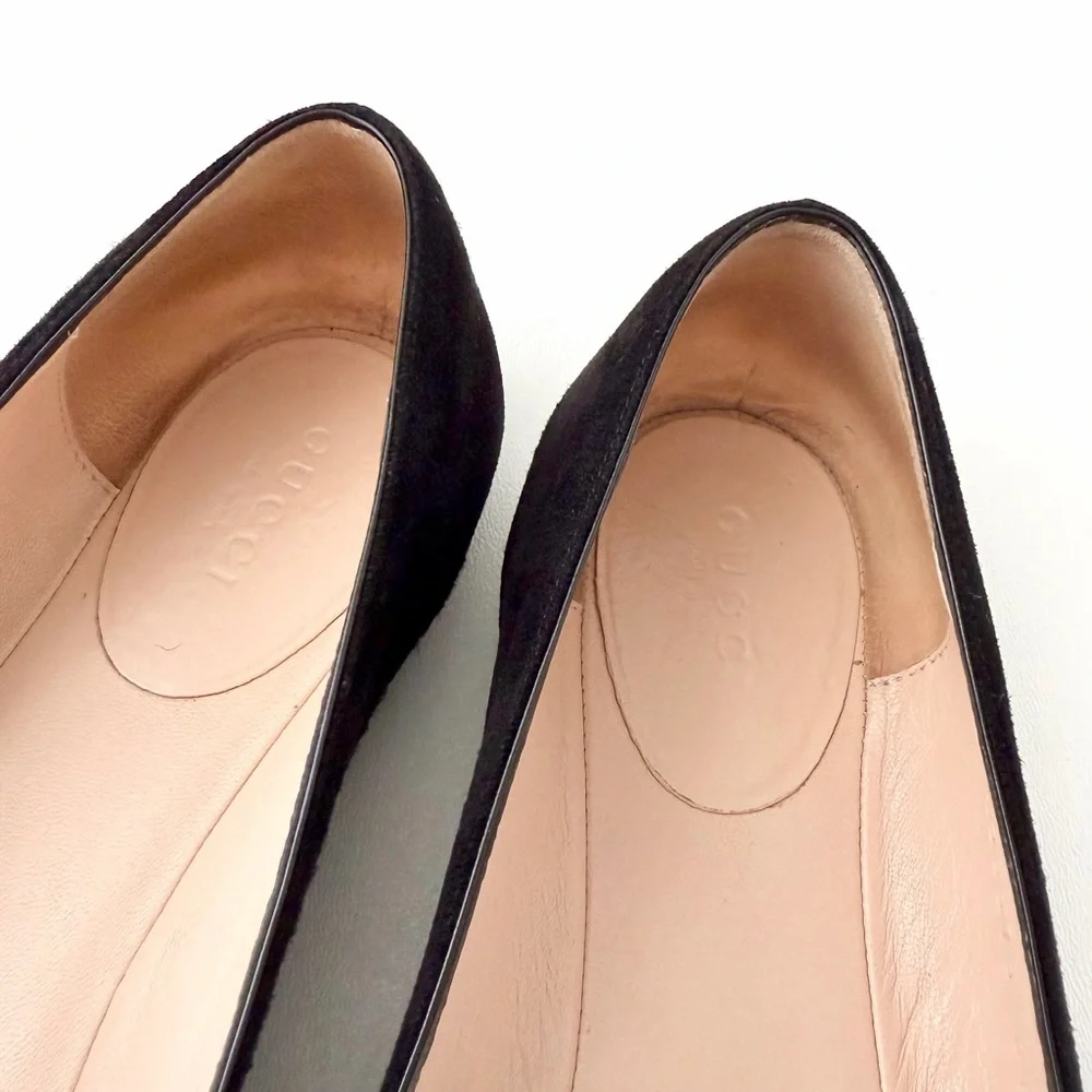 GUCCI | Marmont GG Fringe Suede Ballet Flats Black Gold Logo Size 37
